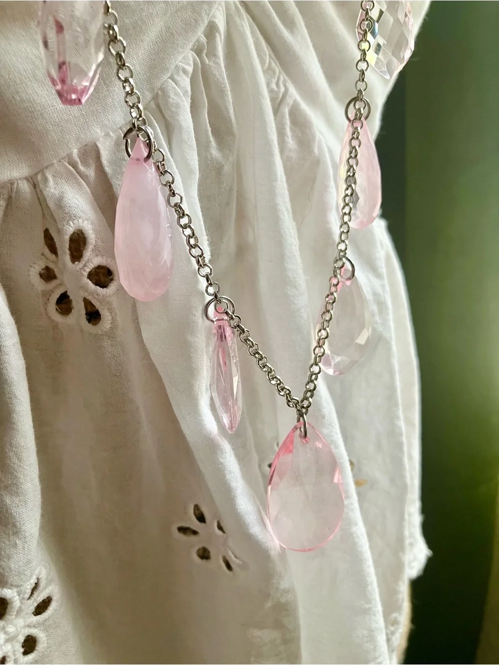 💕Long pink clear rhinestone necklace